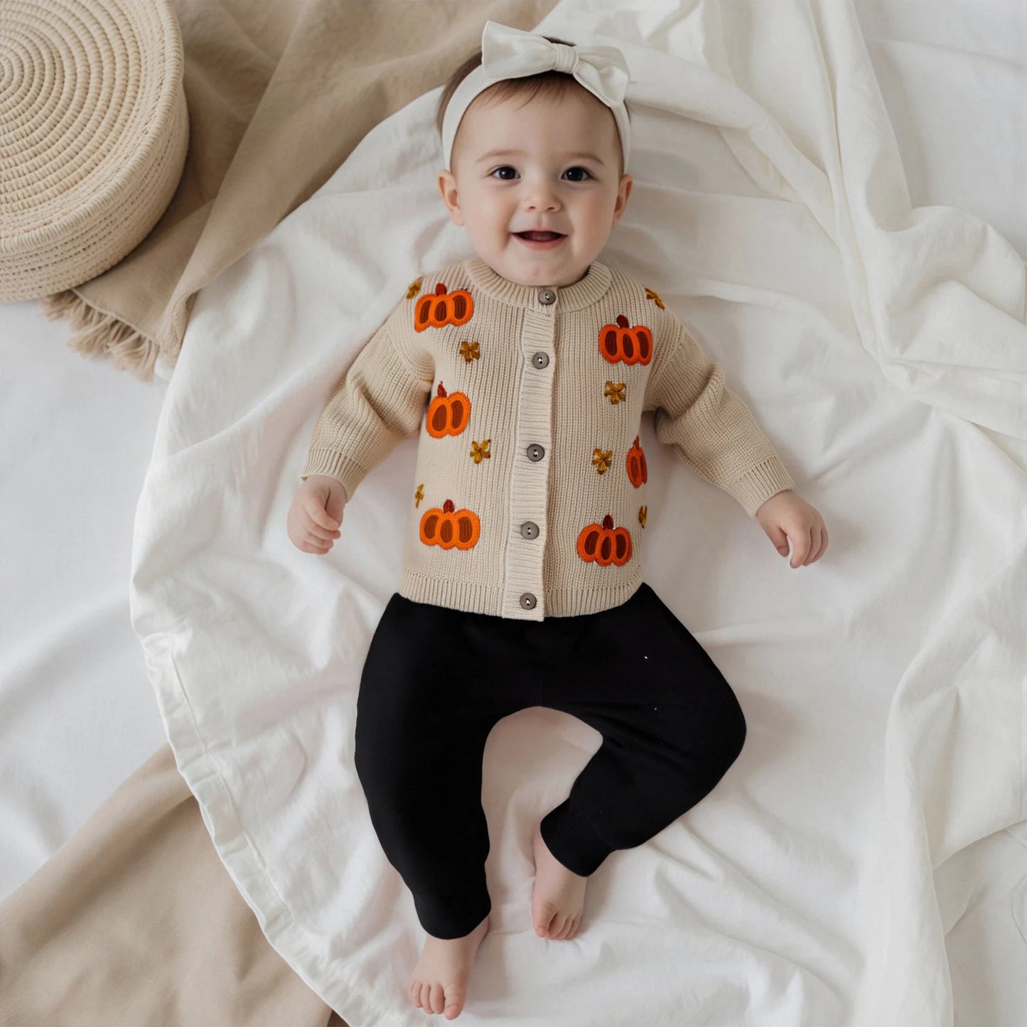 Toddler Halloween Cardigan - Pumpkin Embroidery Button Knit Sweater