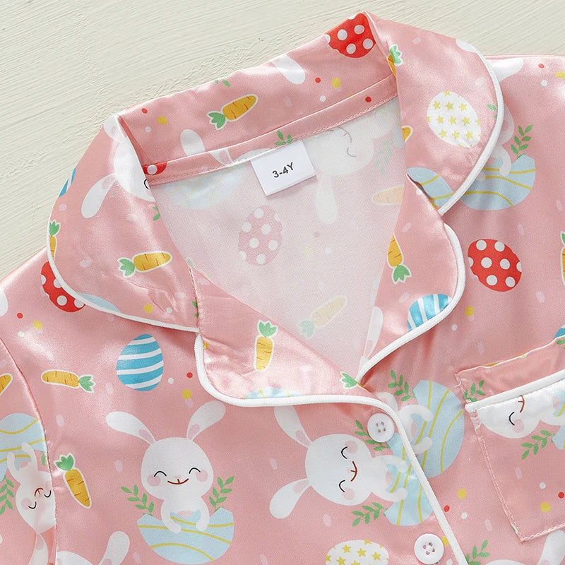 1-7Y Kids Girls Easter Pyjamas Clothes Set Rabbit Carrot Print Button Down V Neck Short Sleeve Tops and Shorts