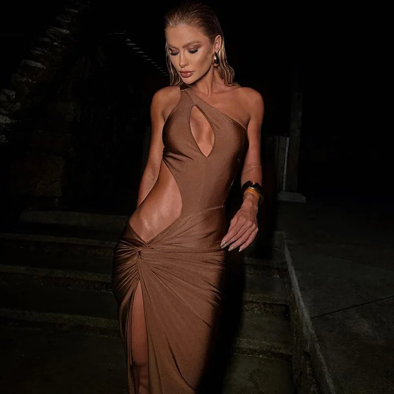 Women's One Shoulder Sleeveless Cut Out Split Long Dress
