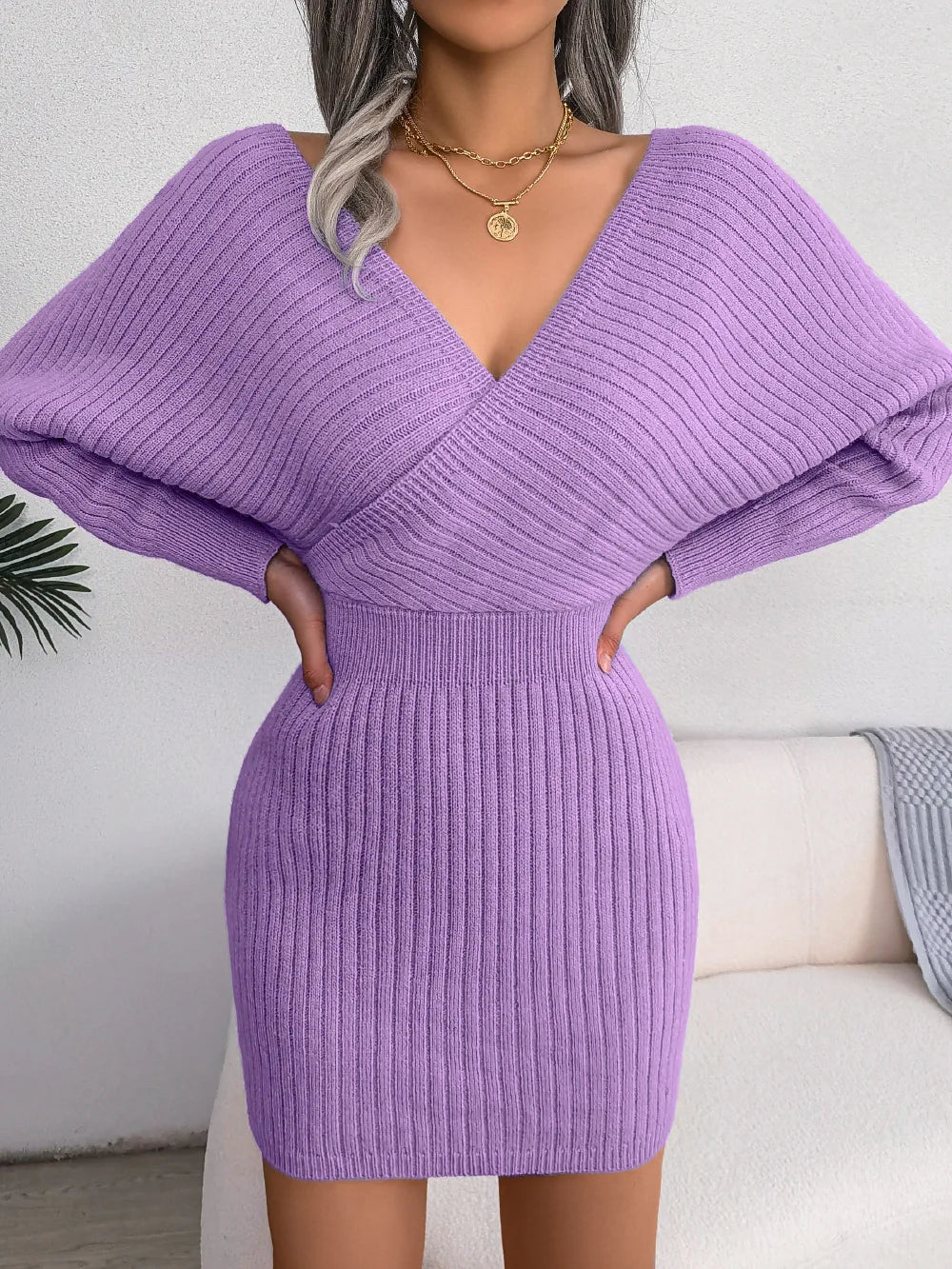 Women's Autumn Winter Cross V Neck Batwing Sleeve Casual Wrap Hip Woollen Dress