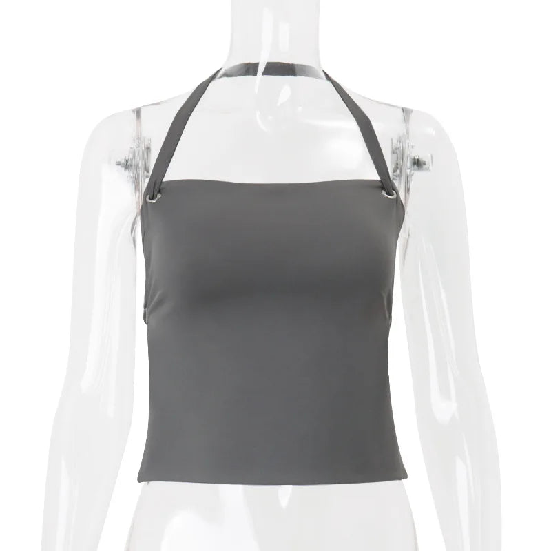 Women's Grey Bandage Halter Crop Top - Backless Summer Club Top
