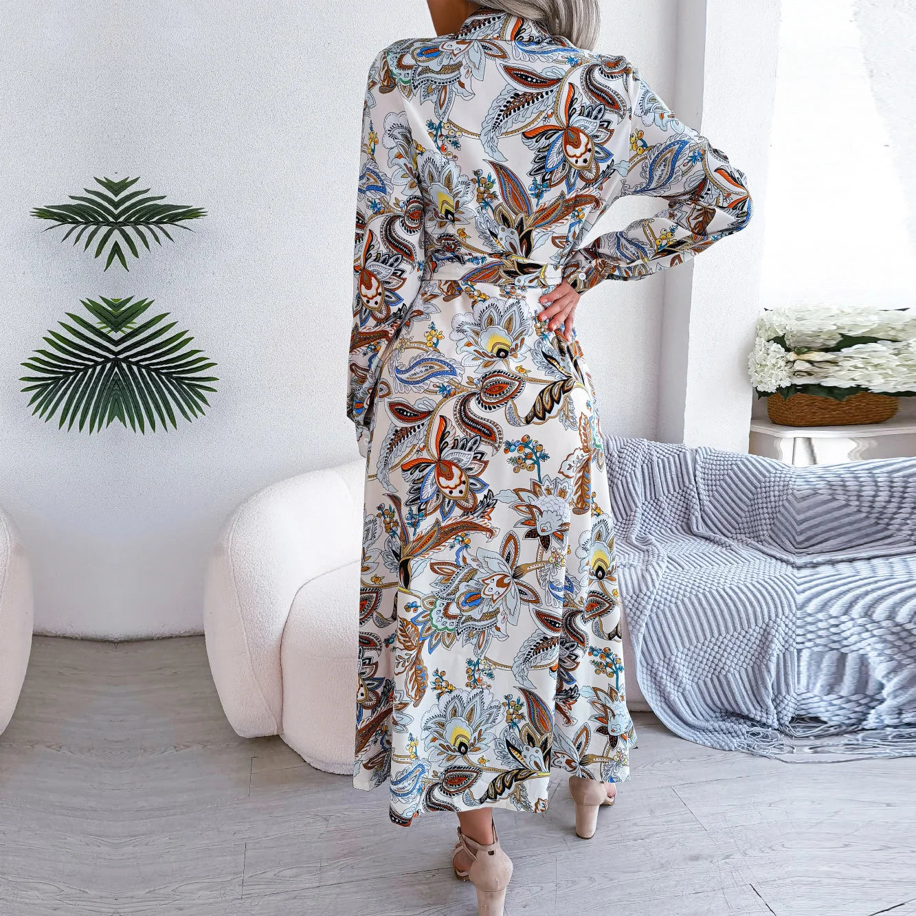 Women'S Spring Summer Retro Floral Collar Long Sleeve Tie Up Shirt Dress