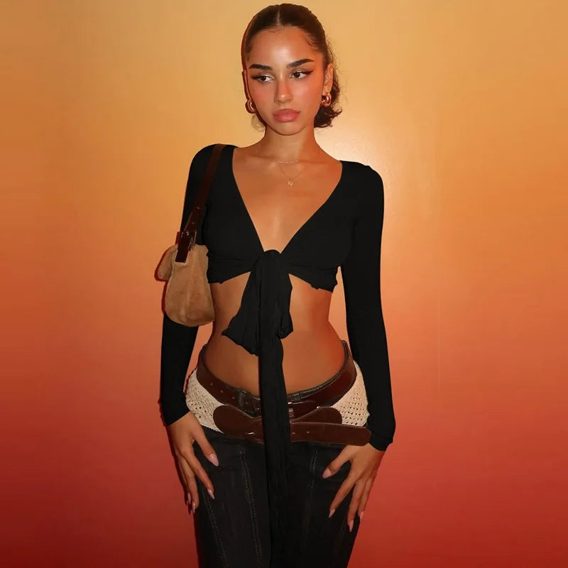 Women's Y2K Tie Front Cardigan - V Neck Long Sleeve Cropped Festival Top