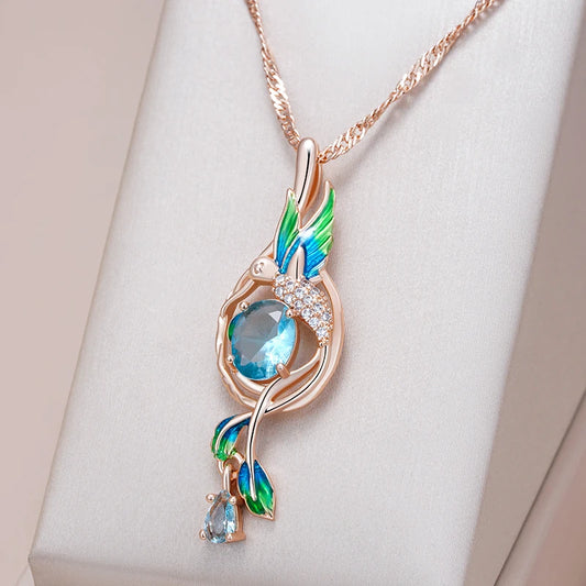 Colourful Enamel Peacock Pendant Necklace - Rose Gold Blue Zircon Jewellery