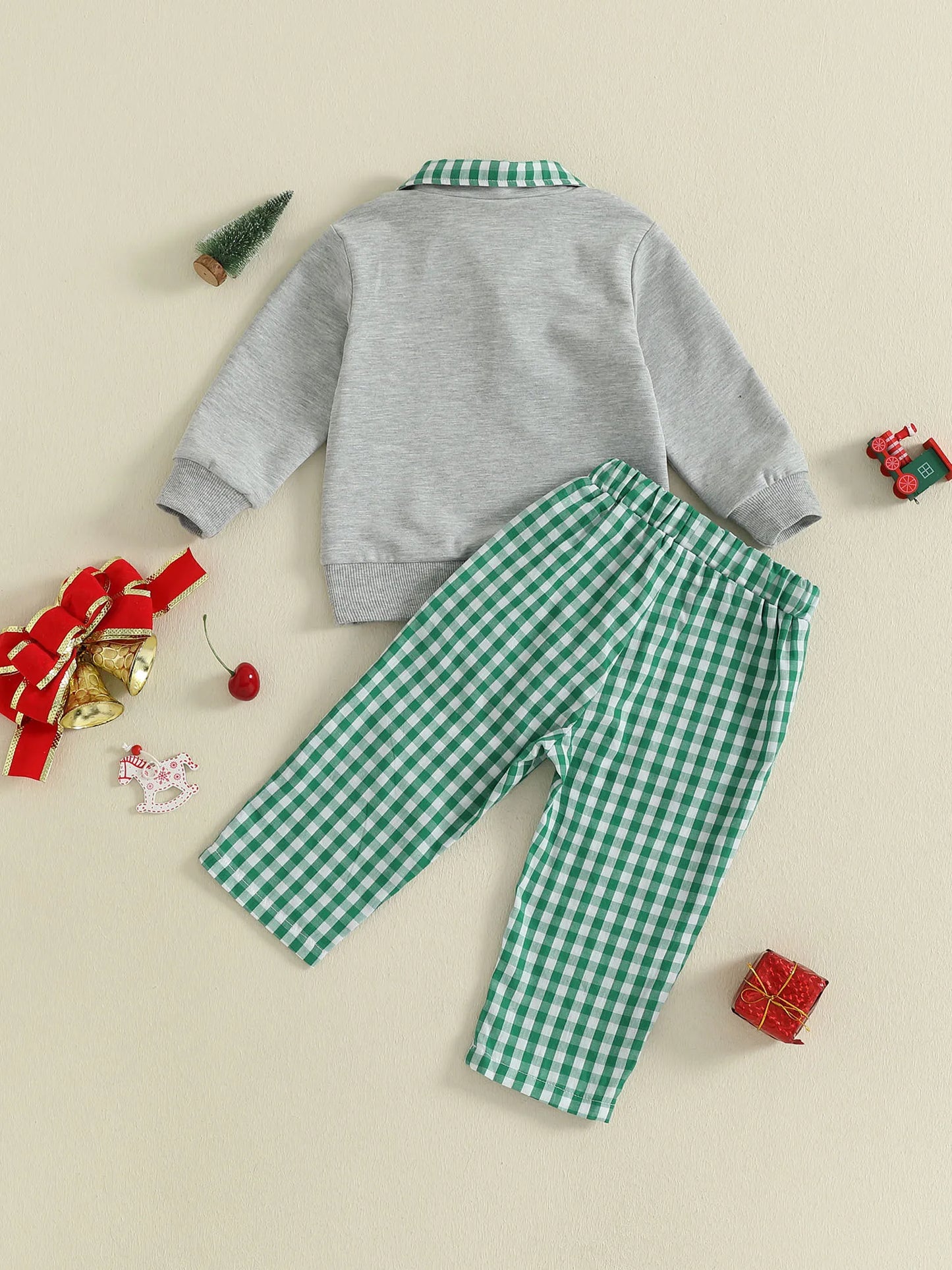 Baby Boys Christmas Clothes Set - Xmas Tree Embroidery Zip Pullover & Plaid Pants