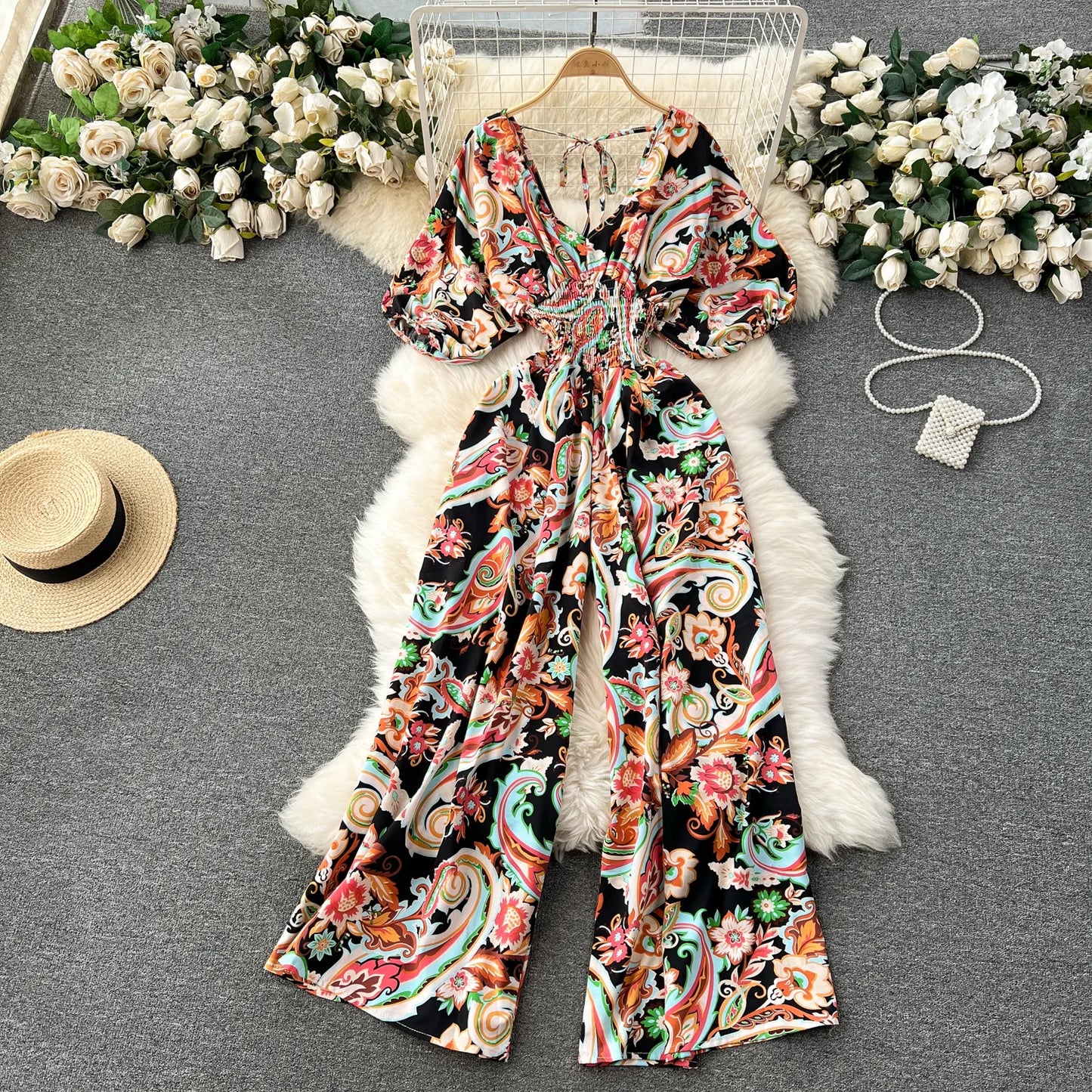 Women's V-Neck Floral Print Jumpsuit - Dolman Sleeves Wide Leg Trousers