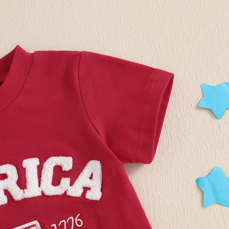0-4Y Kids Boys American Flag Clothes Sets Letter Embroidery Short Sleeve T-Shirt with Stripe Shorts