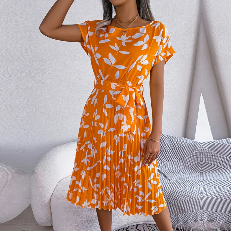 Women's Floral Pleated A Line Long Spring Summer Short Sleeve High Waist Chic Dress