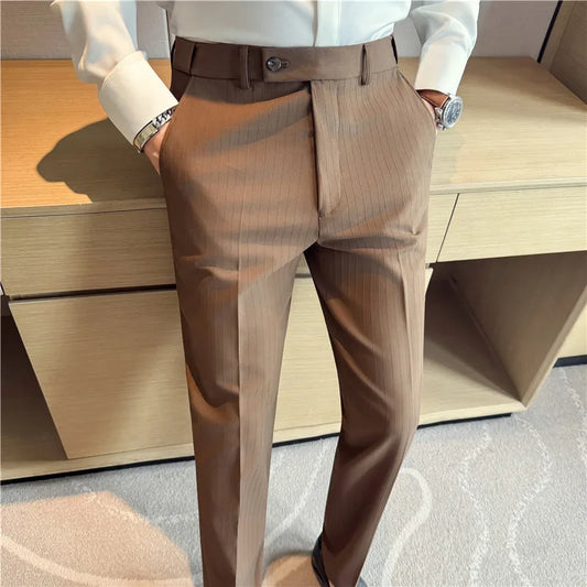 Men's Elastic Waist Suit Trousers - Smart Casual Solid Striped Pants for Autumn Winter