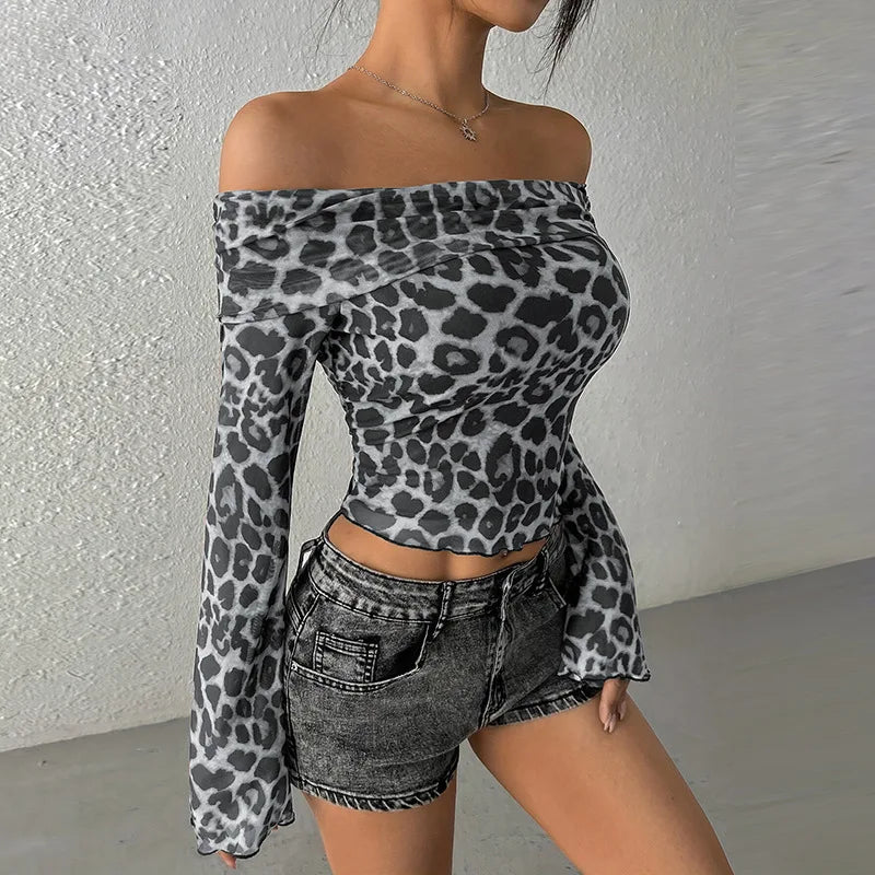 Women's Chic Off Shoulder Leopard Print Long Sleeve Mesh Sheer Slim Cropped Top Coquette