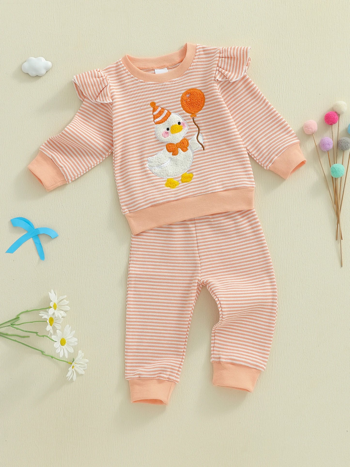 Baby Girls Goose Embroidered Striped Outfit Set (0-4Y)