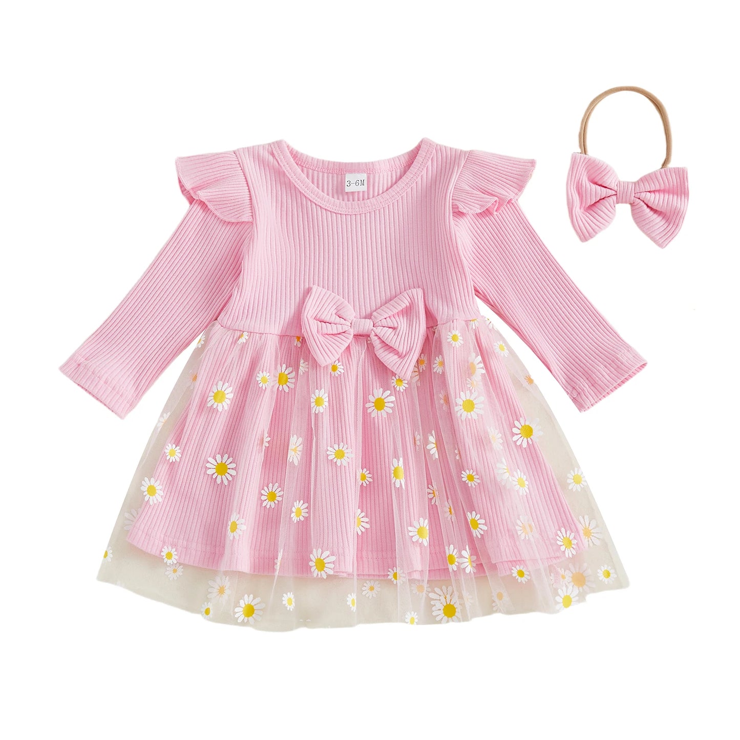 Lovely Baby Girls Fall Winter Dress - Sunflowers Print Tulle Dress with Headband (0-3Y)
