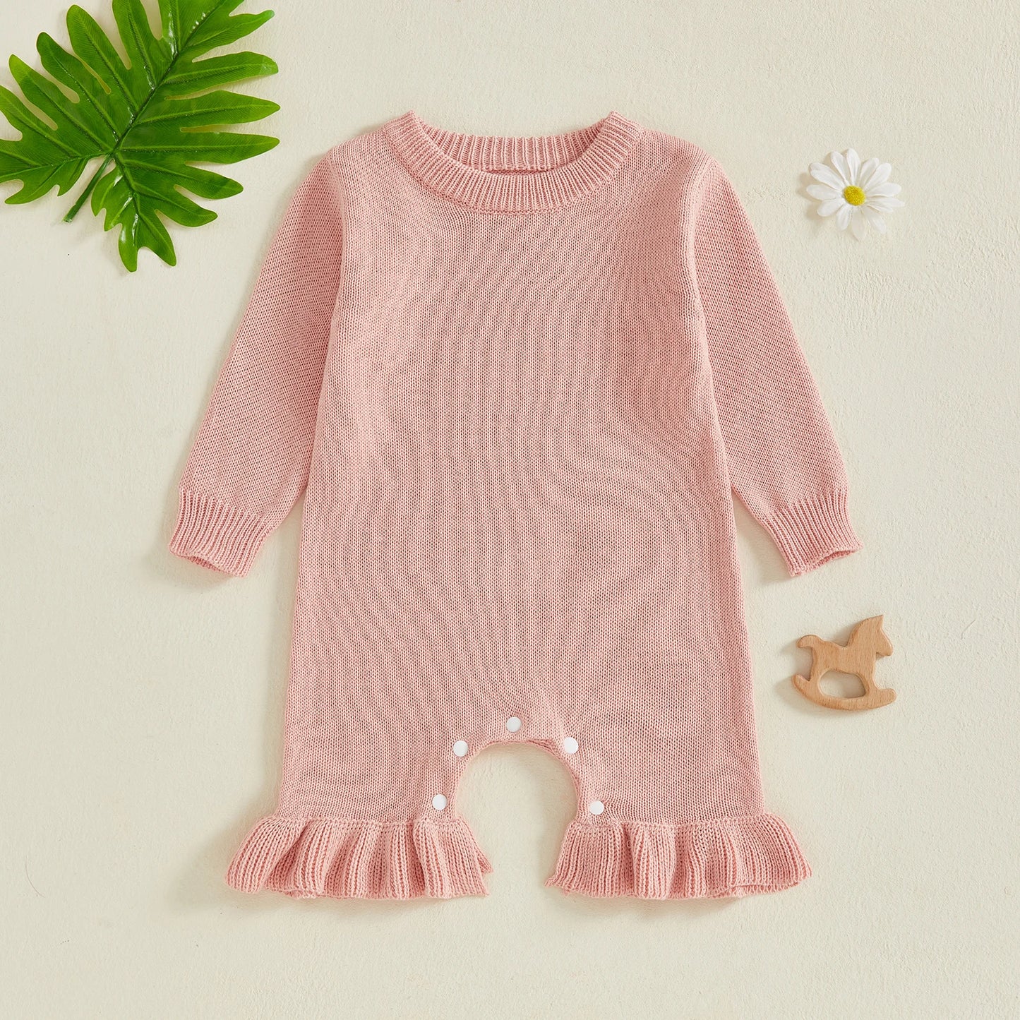 Baby Girl's Knit Romper - Long Sleeve Crew Neck Solid Jumpsuit Sweater