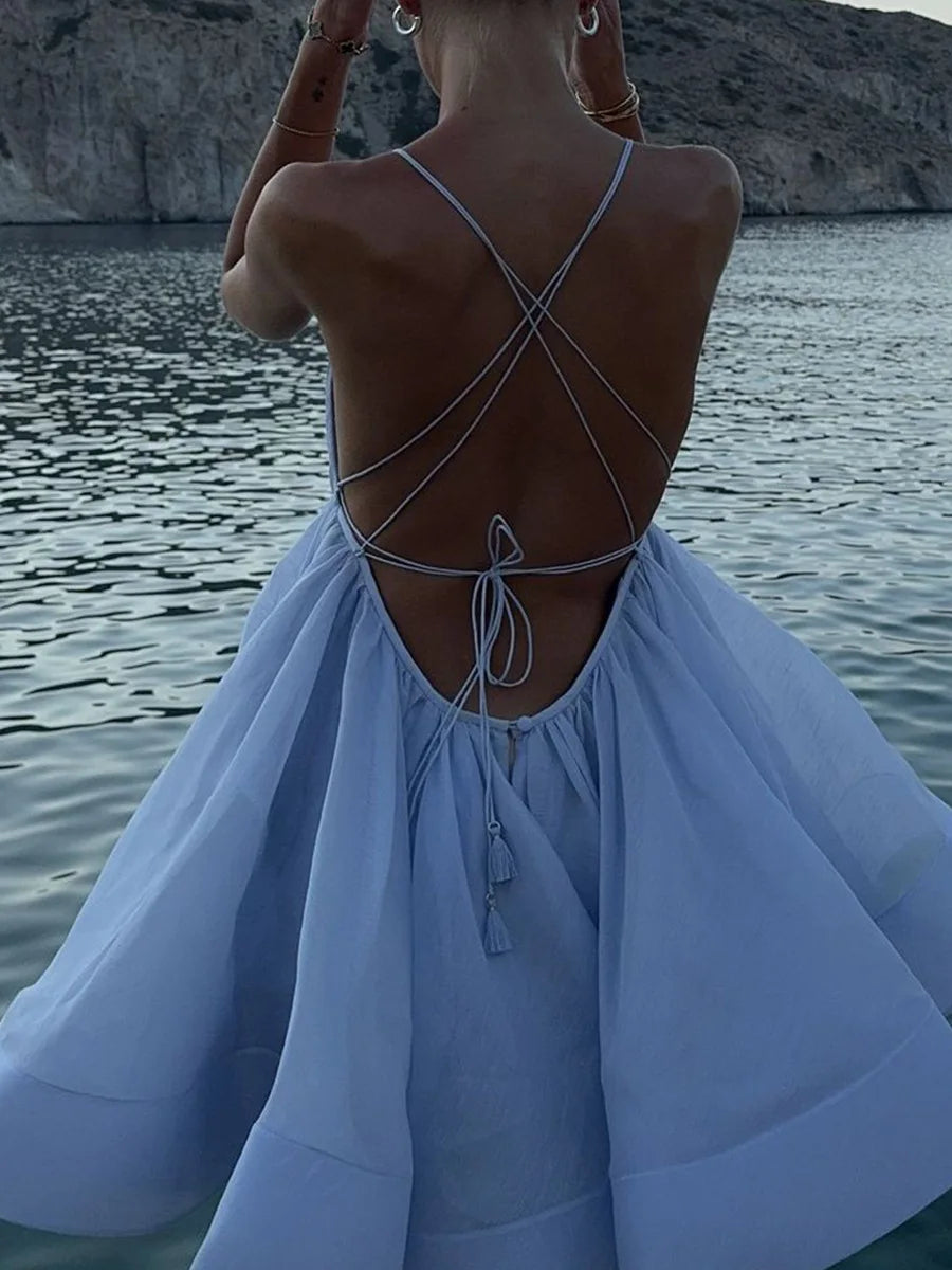 Women's A-Line Backless Mini Dress - V-Neck Bandage Summer Beachwear