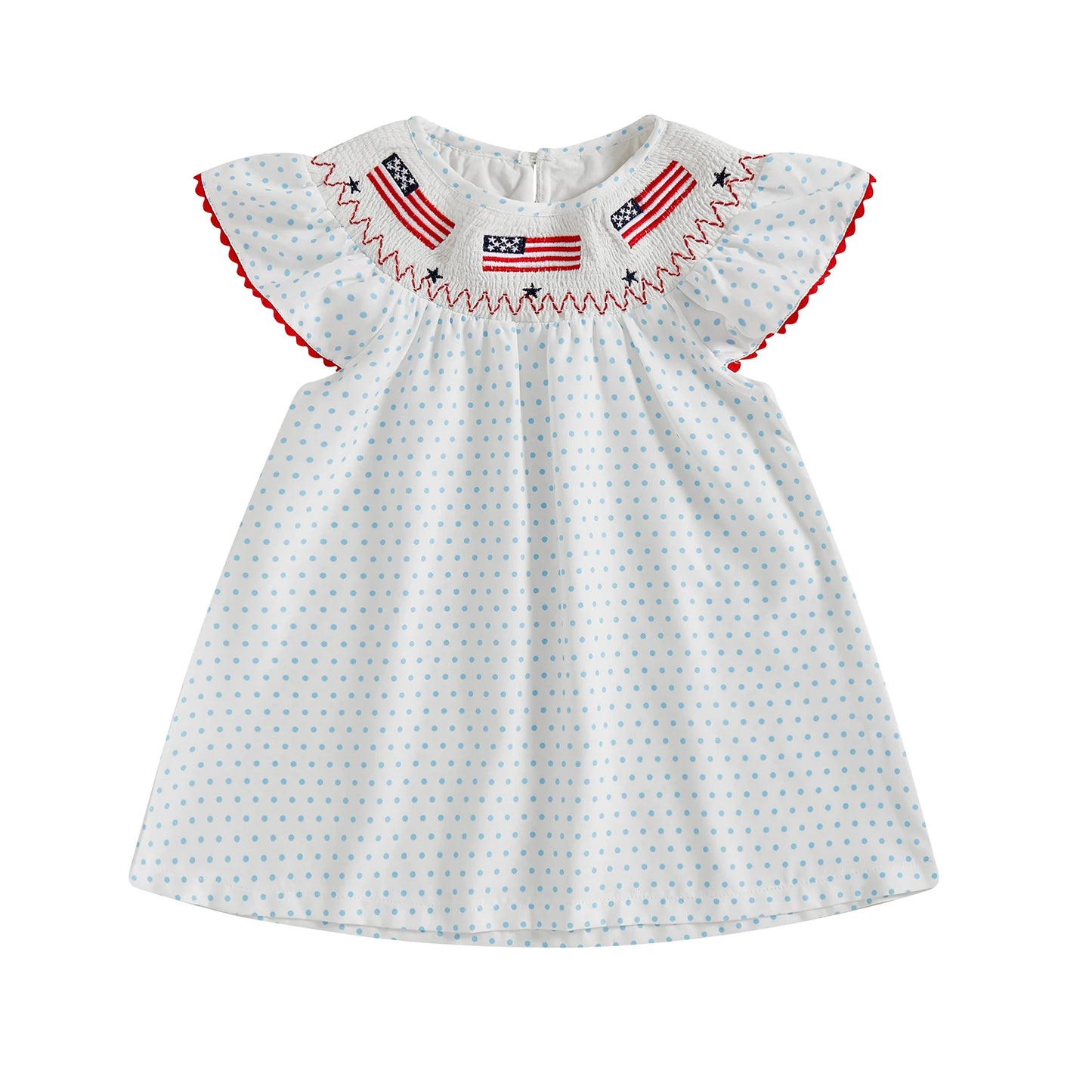 Kids Girls Dress 0-5Y USA Flag Embroidery Dot/Plaid Print Short Sleeve A-Line Dress