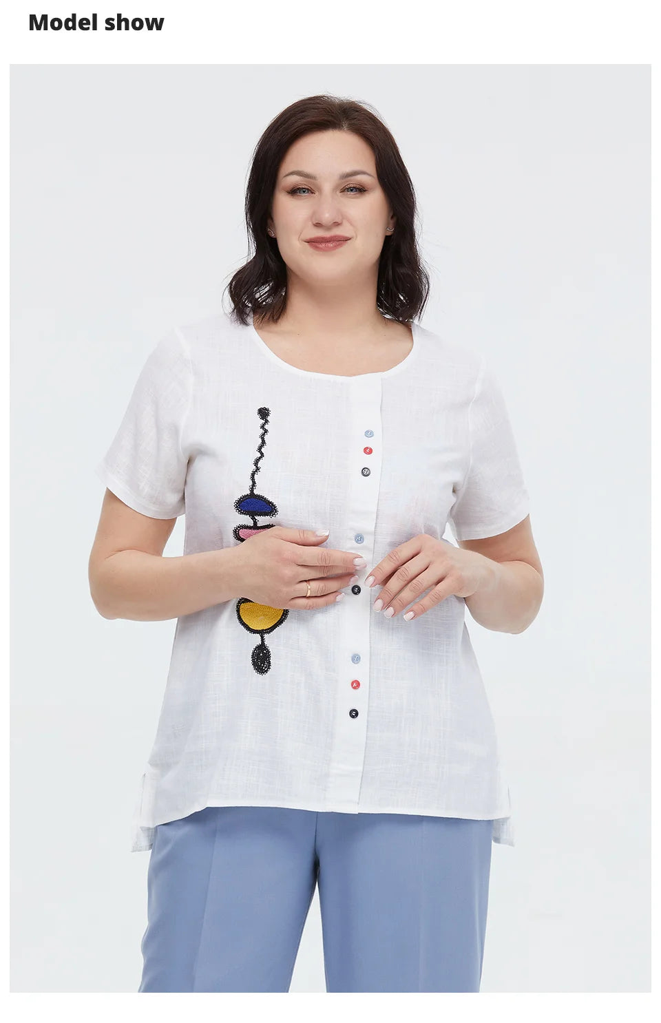 Women's Summer Cotton Linen Oversized Short Sleeve Sequins Button Top