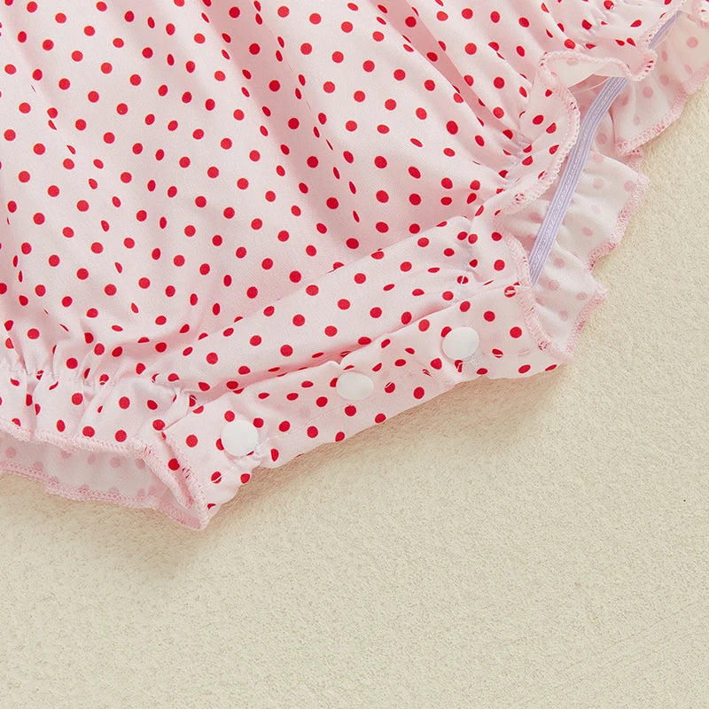 0-18M Baby Girls Romper for Summer Strawberry Embroidery Dot Print Crew Neck Ruffled Flying Sleeve Babygrow Jumpsuit