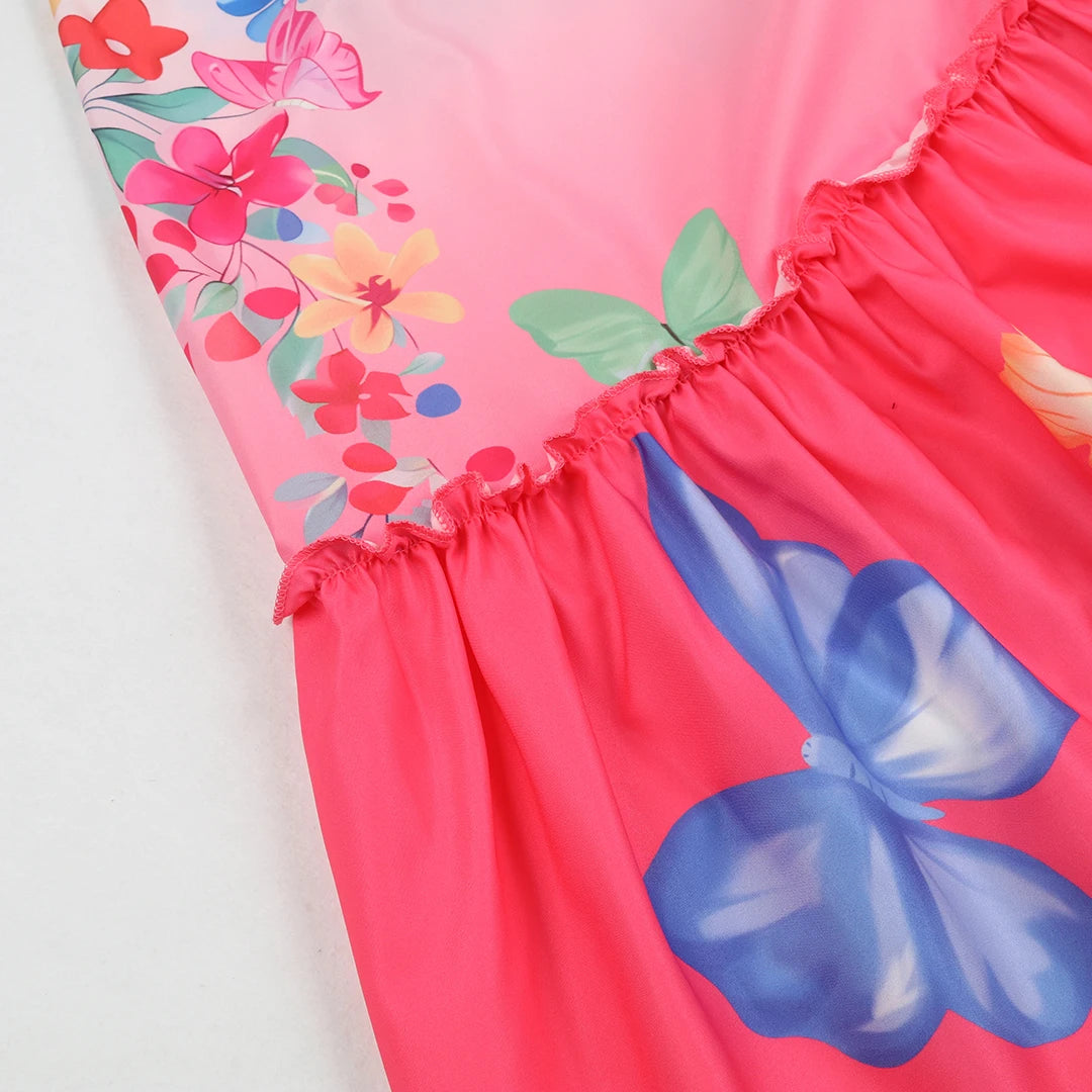 Women's Floral Print Long Sleeve Halter Naked Waist Long Summer Dress