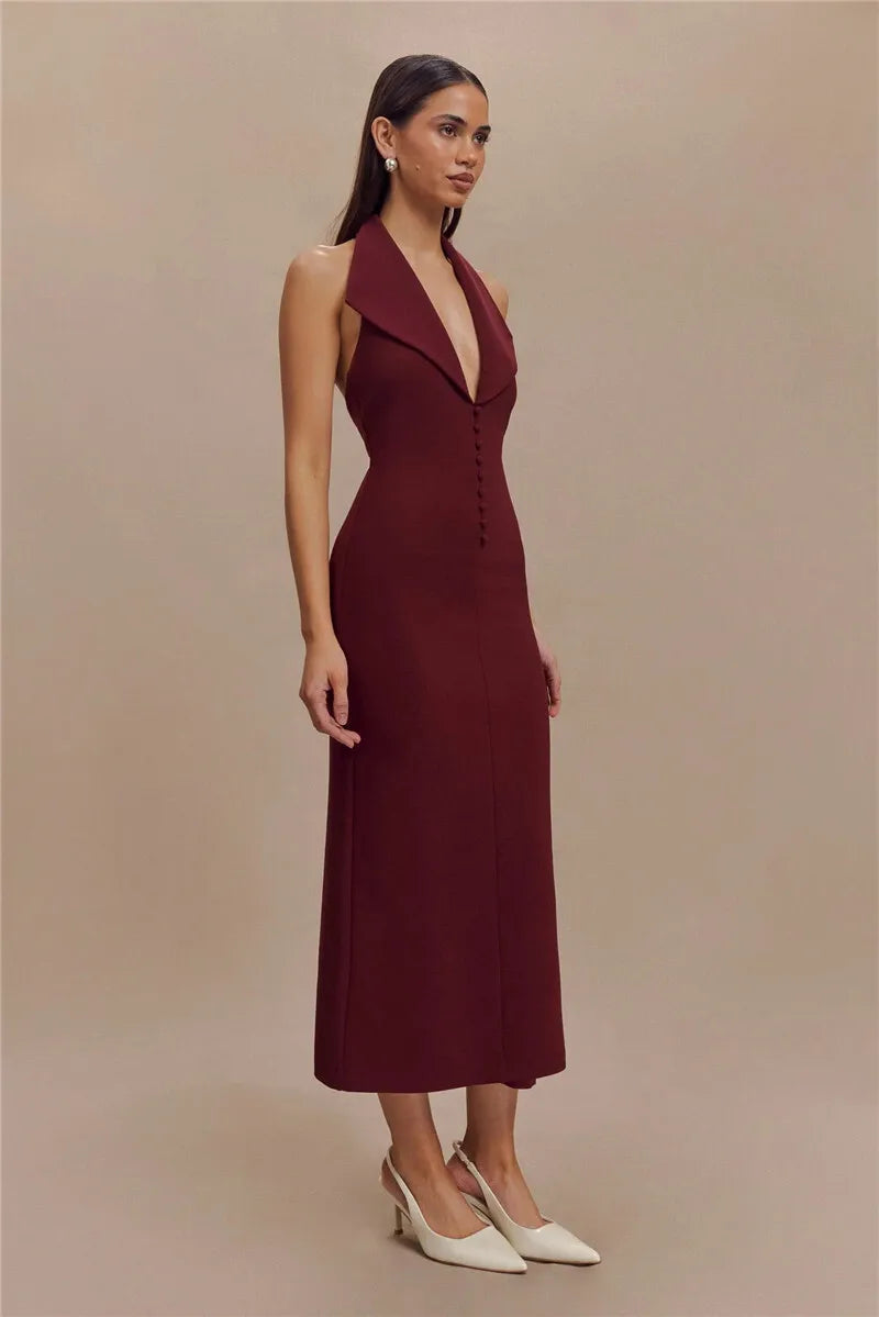 Women's Halter Deep V Neck Sleeveless Maxi Elegant Backless Bodycon Tank Long Dress