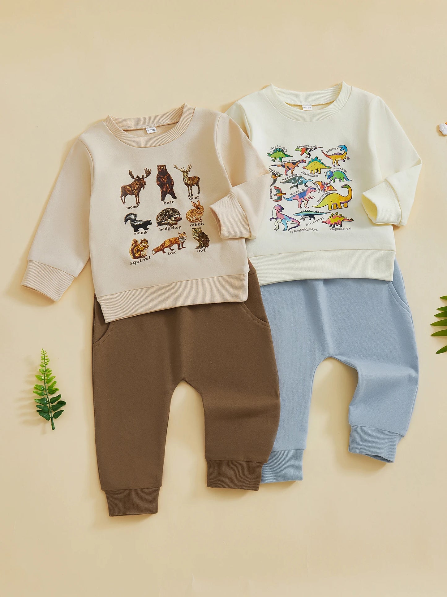 Baby Boy's Outfit Set - Dinosaur/Animal Print Sweatshirt & Elastic Pants