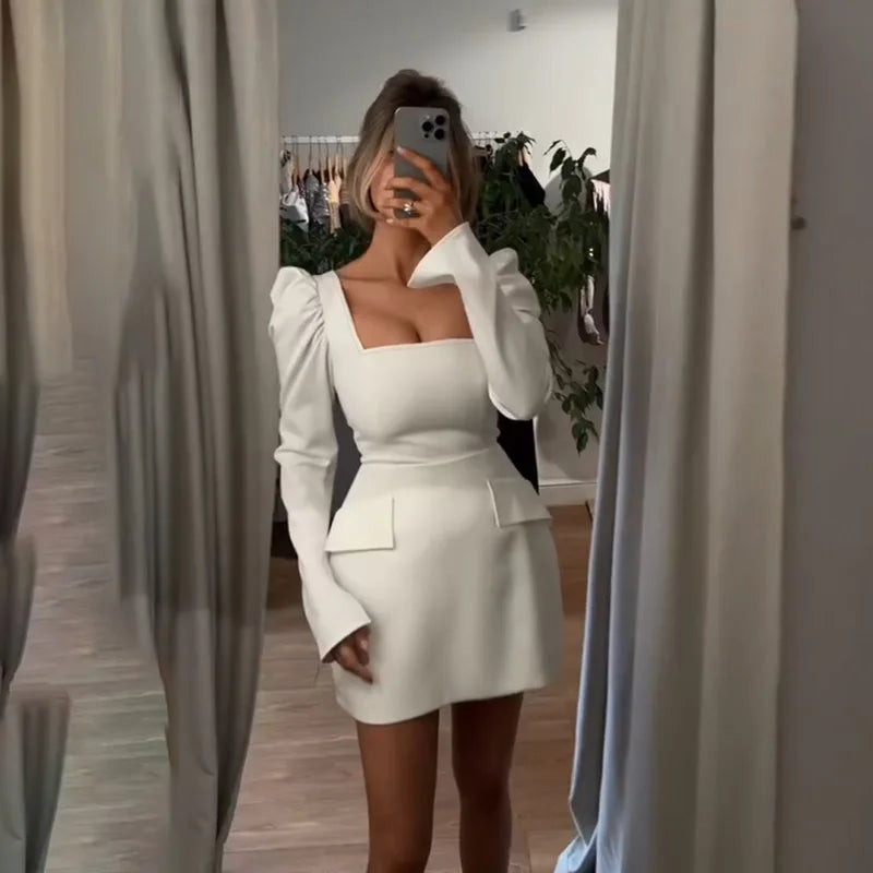 Women's Square Collar Long Sleeve Mini Ruched Elegant Bodycon Pockets Splice Dress