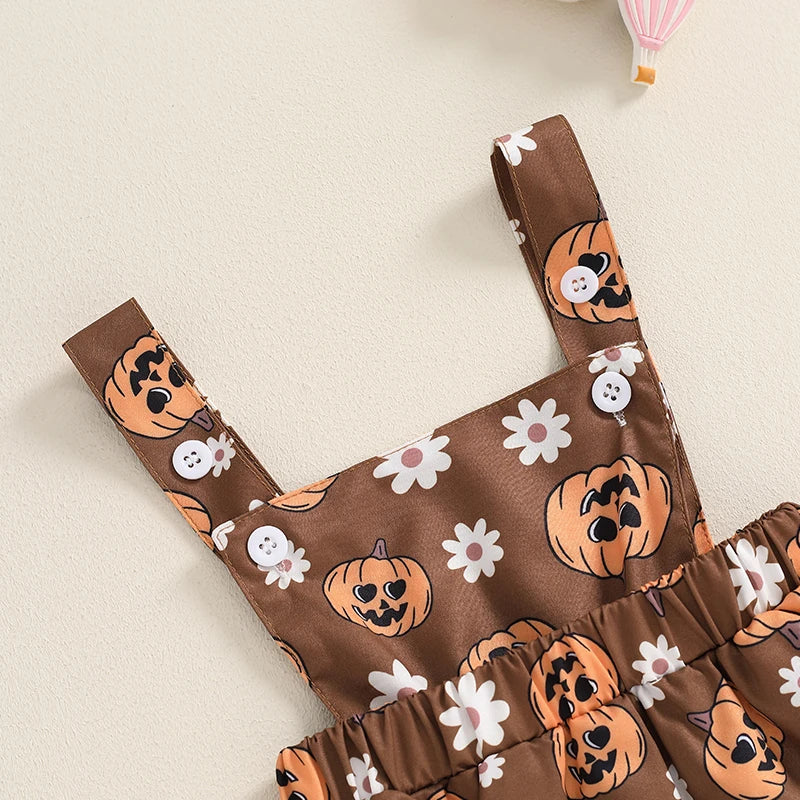 Baby Girl's Halloween Outfit Set - Ribbed Romper, Pumpkin Suspender Skirt & Bow Headband