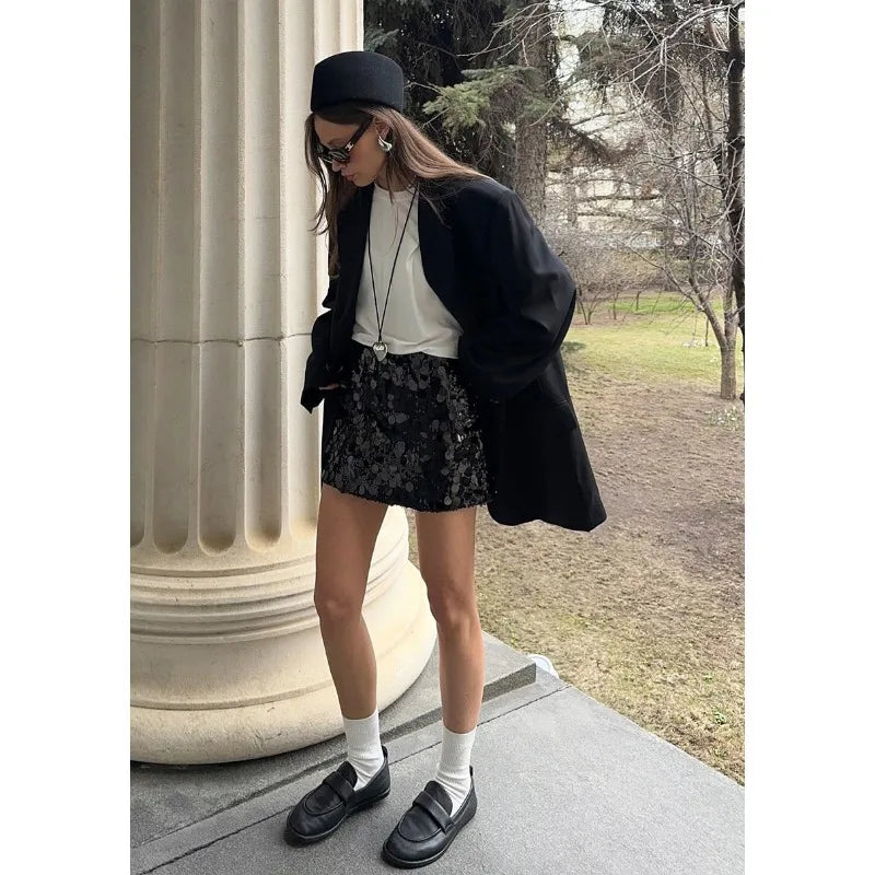 Women's High Waisted Sequins Skirt - Hip Wrap Mini Splice Glitter Skirt