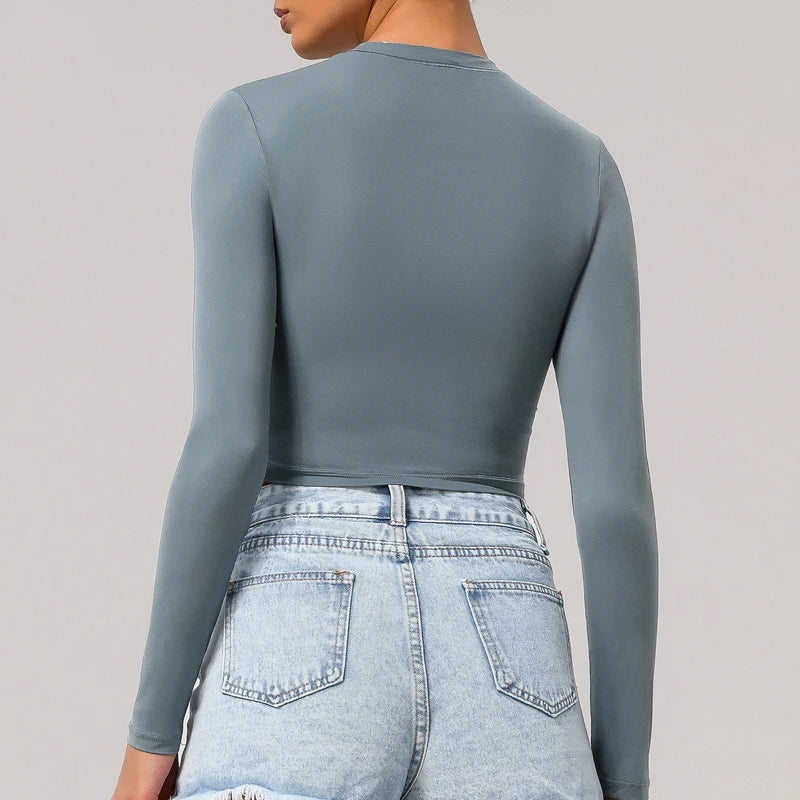 Women's Slim Fit Yoga Shirt Solid Colour Long Sleeve Gym Running Top Breathable Quick Dry Workout Crop Top Sportswear