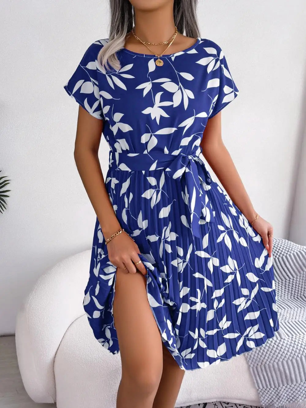 Women's Floral Pleated A Line Long Spring Summer Short Sleeve High Waist Chic Dress
