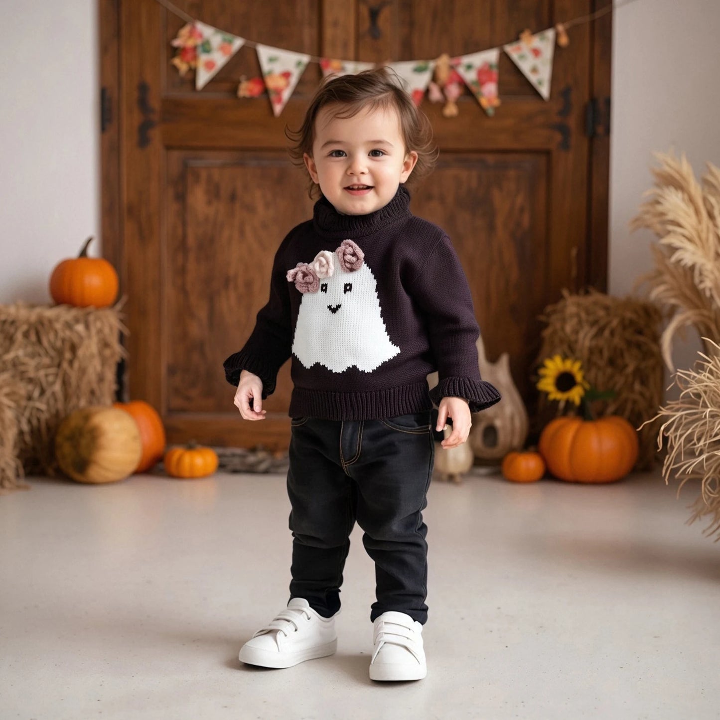 Baby Halloween Knit Sweater - Long Sleeve Ghost Embroidery Pullover