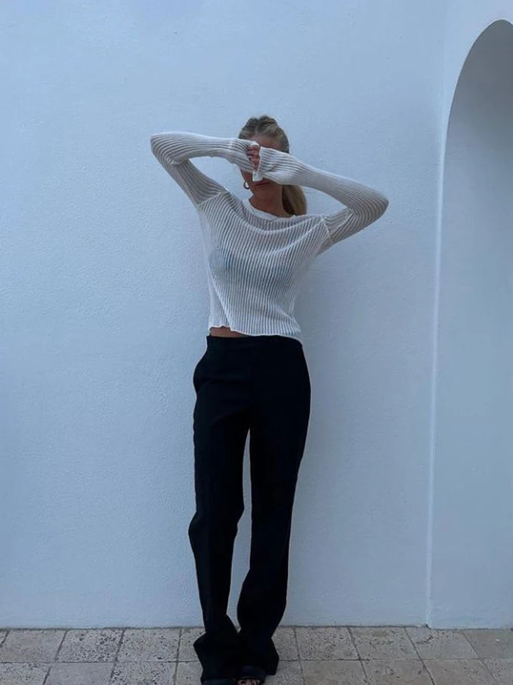 Women's Elegant Striped See Through Long Sleeve Top