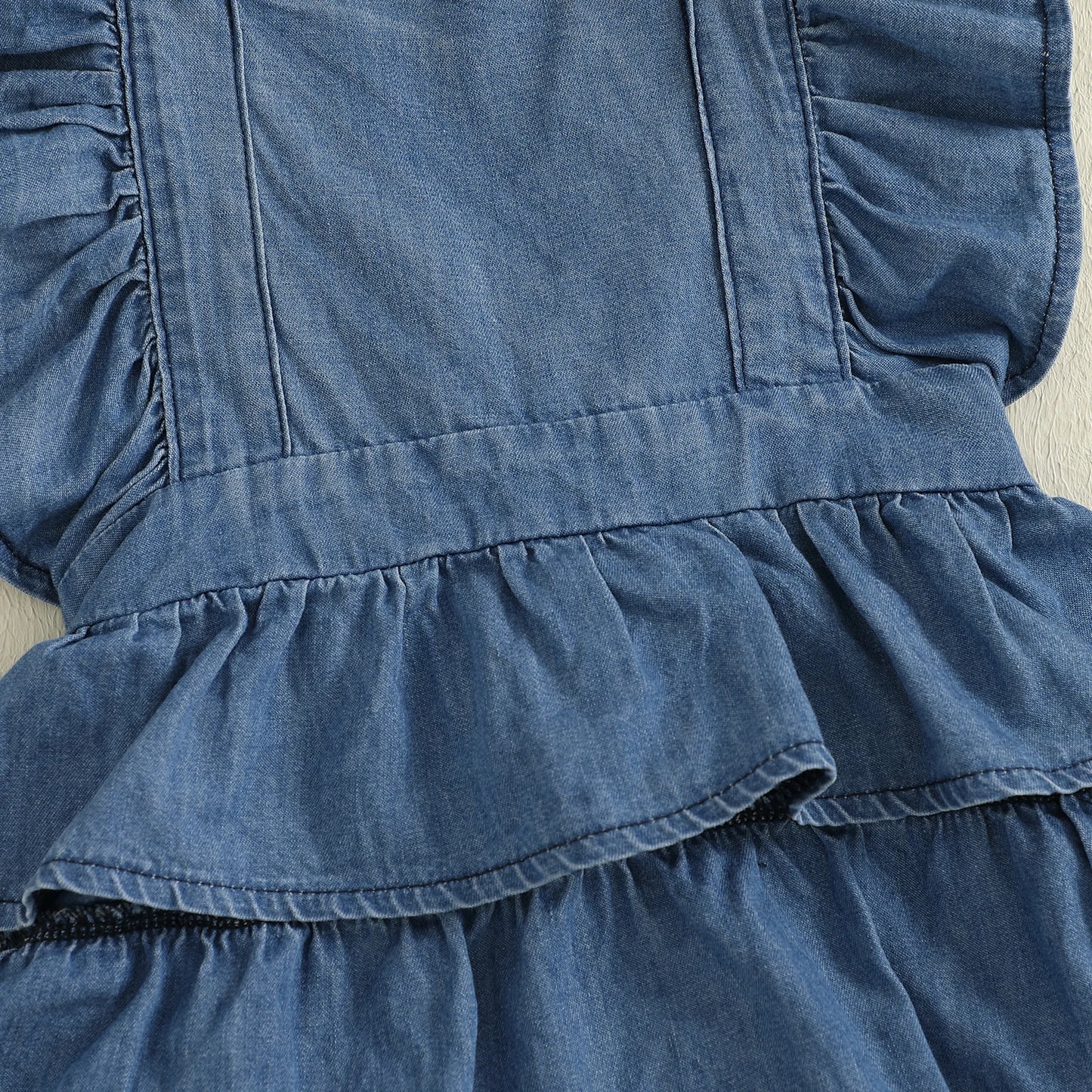 Baby Girls Denim Romper Dress Set - Ruffles Fly Sleeve Layered Jumpsuit with Bowknot Hairband