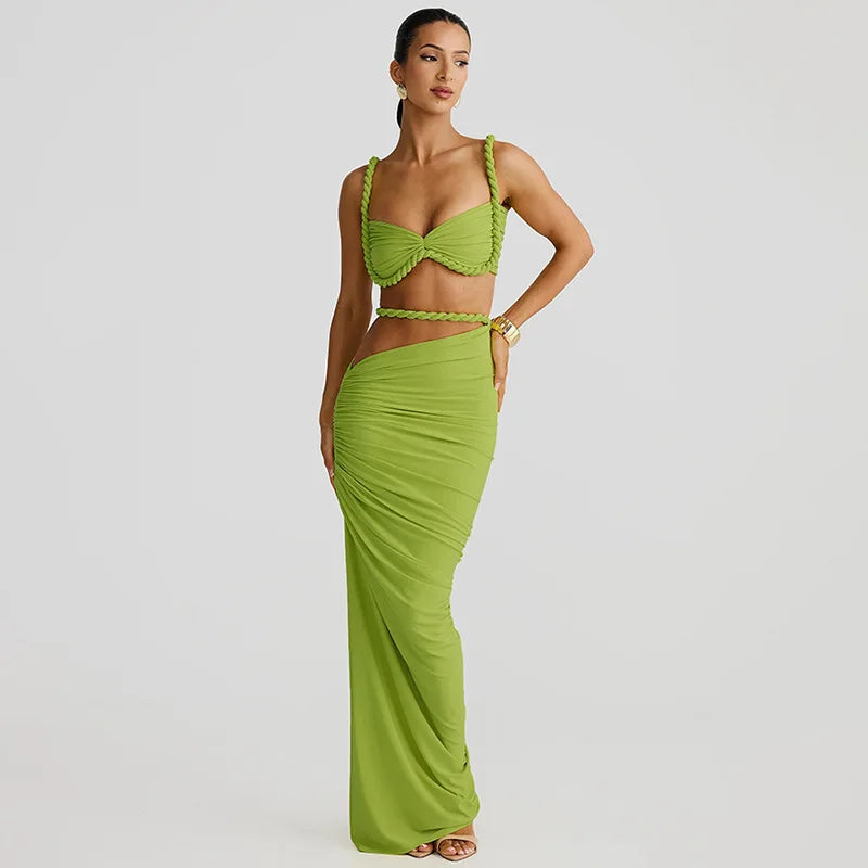 Women's Ruched Bandage 2 Piece Set Backless Decorative Cord Top and Skirt Dress Set