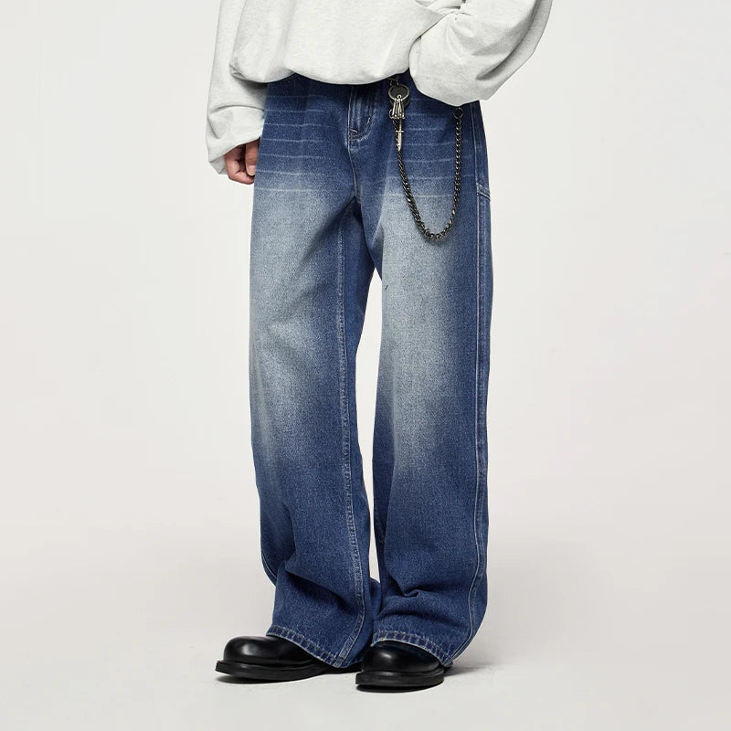 Unisex Retro Washed Jeans Stretch Straight Leg Denim Trousers
