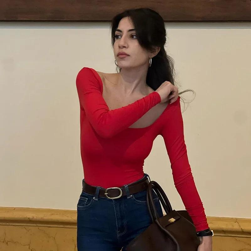 Women's Square Collar Long Sleeve Solid Basic Top