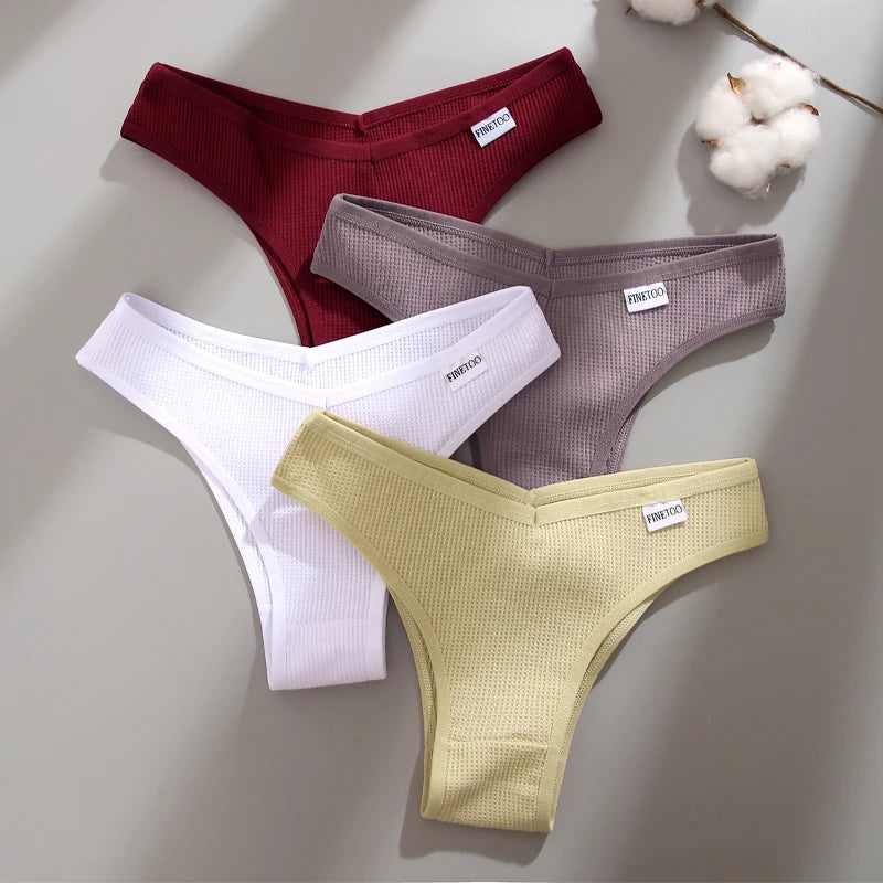Women's 4Pcs Cotton Breathable Underwear Panties Low-Waist Waffle G-string Stretch Briefs Soft Lingerie