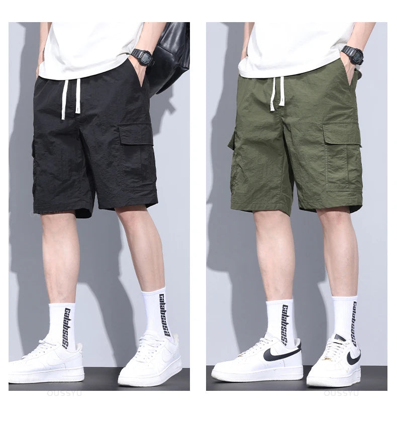 Summer Ultrathin Shorts Pants Men Cargo Work Side Pockets Joggers Grey Bermuda Knee Beach Nylon Short Pant Male Big Size M-5XL
