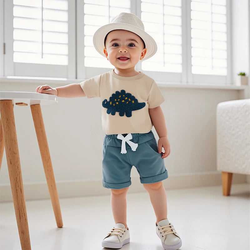 0-3Y Toddler Baby Boys Clothes Set Dinosaur Embroidery Short Sleeve T-shirts Solid Elastic Waist Shorts