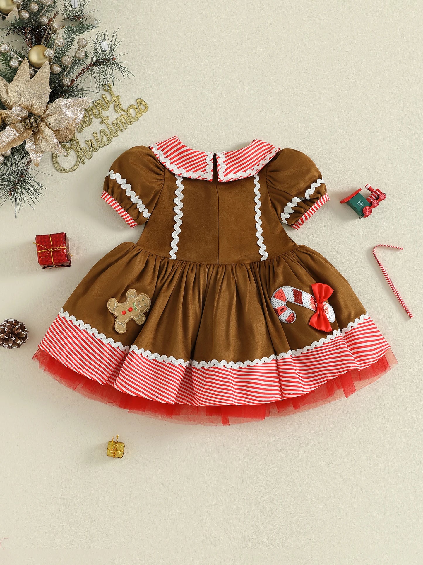 Toddler Girl's Christmas Dress - Gingerbread Man Print Doll Collar Bubble Sleeve