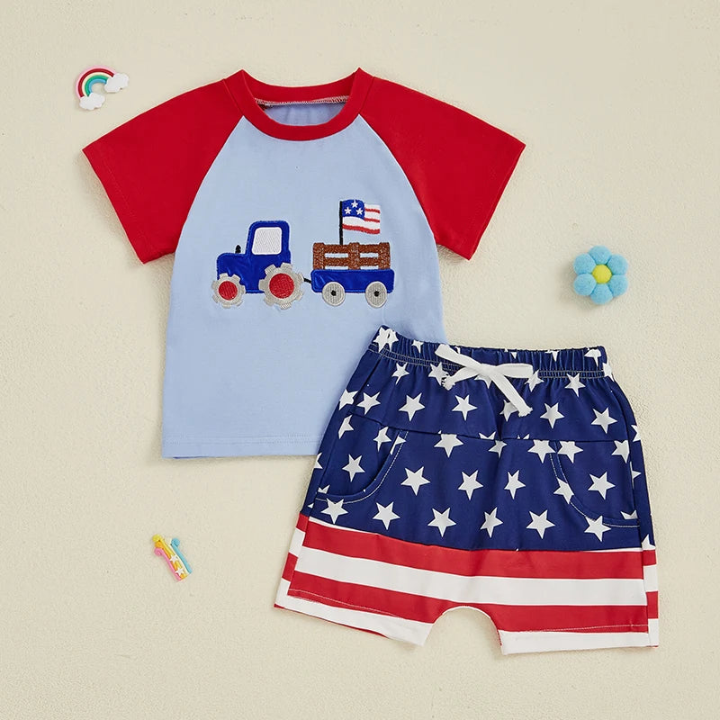 0-4Y American Flag Baby Boys Clothes Sets Tractor Embroidery Patchwork Short Sleeves T-Shirt Star Stripe Shorts