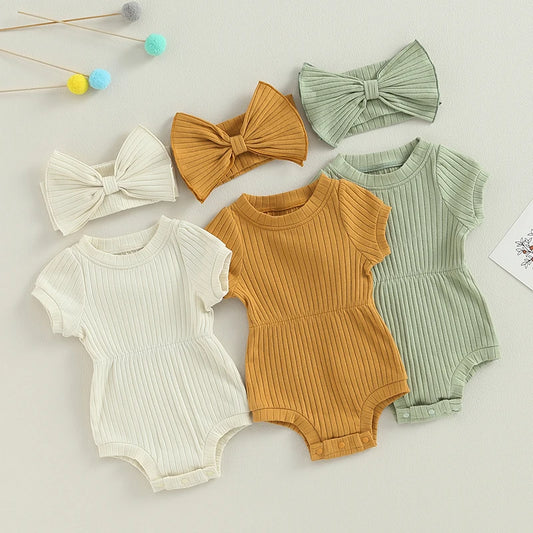 Newborn Baby Girl Romper Set - Short Sleeve Jumpsuit with Bow Headband (3 Colours)