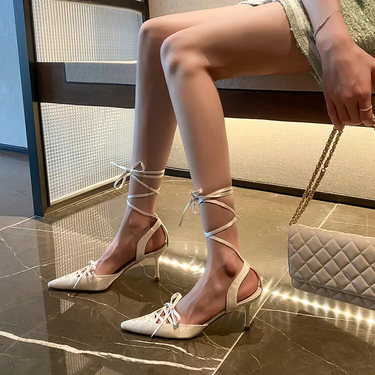 Women's Satin High Heel Sandals Strap 7cm Heel Sandals Bow Pointed Shoes