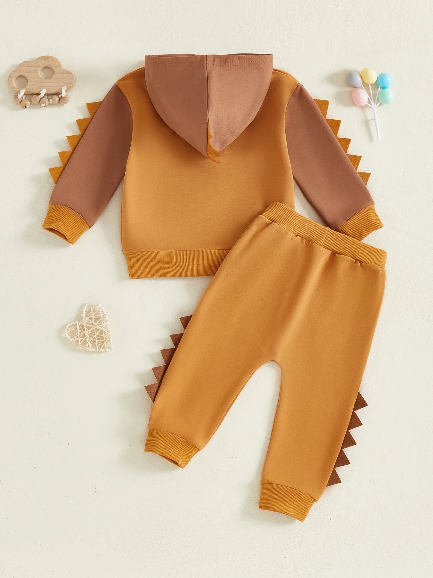 Toddler Dinosaur Hooded Outfit Set - Contrast Color Long Sleeve Top & Pants (0-5Y)