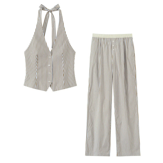 Women's Style Bow Embellished Thin Stripe Vest Top  Lazy Style Loose Straight Leg Wide Leg Trousers