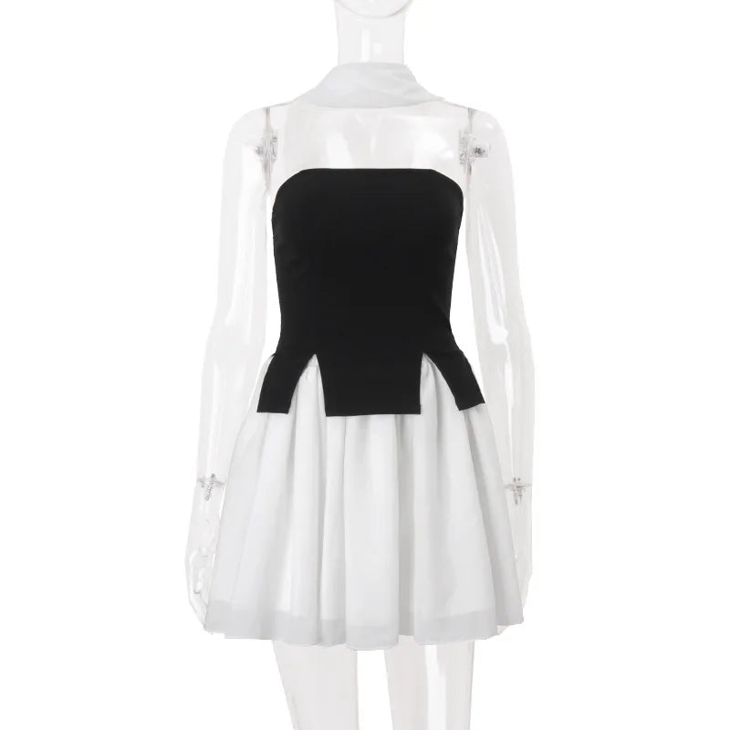 Women's Strapless 2 Piece Set - Crop Top Mini Skirt with Neck Scarf Co-ords