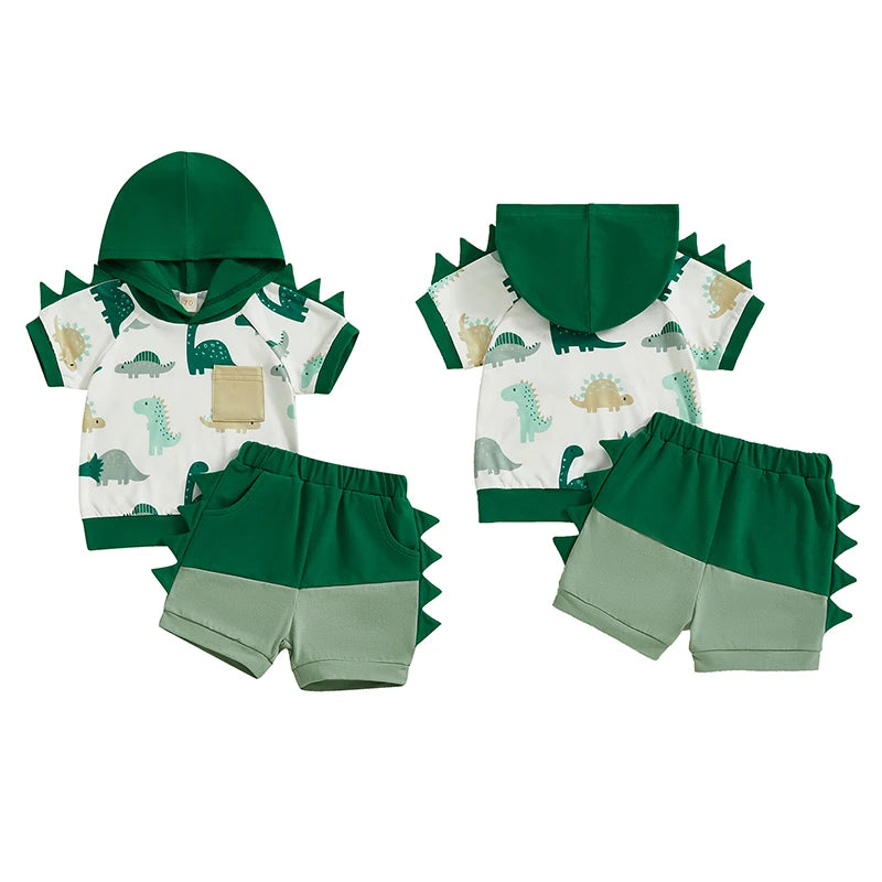 Baby Boys Dinosaur Print Summer Set - Hooded T-Shirt & Shorts (0-3Y)