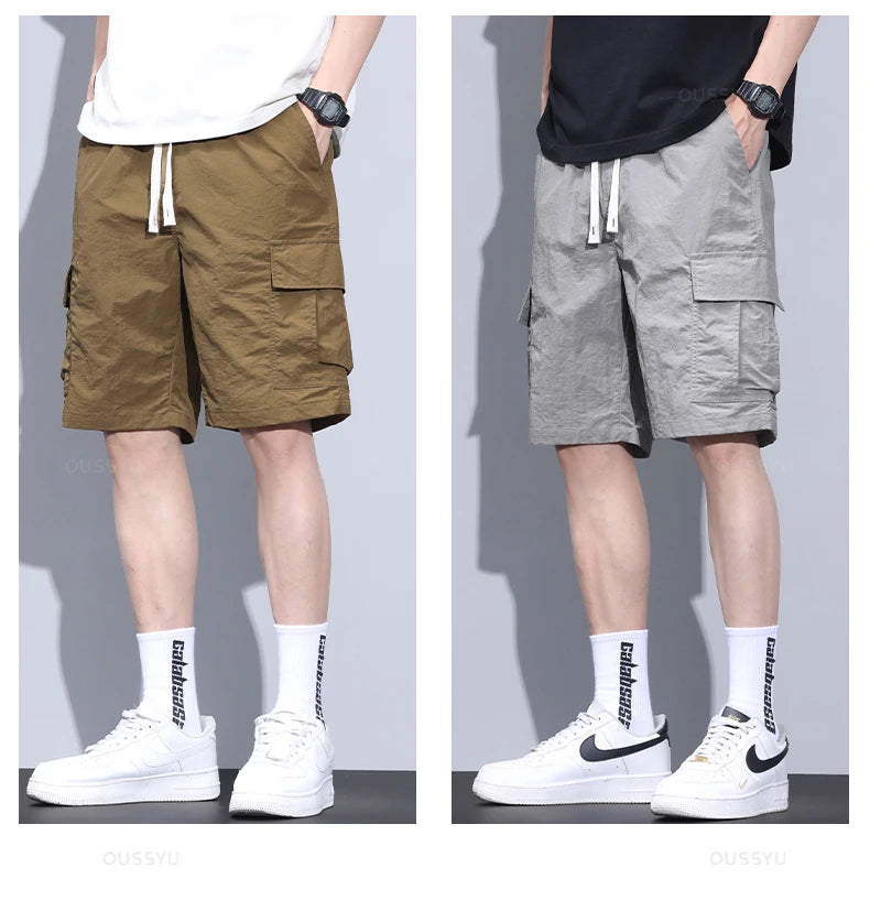Summer Ultrathin Shorts Pants Men Cargo Work Side Pockets Joggers Grey Bermuda Knee Beach Nylon Short Pant Male Big Size M-5XL