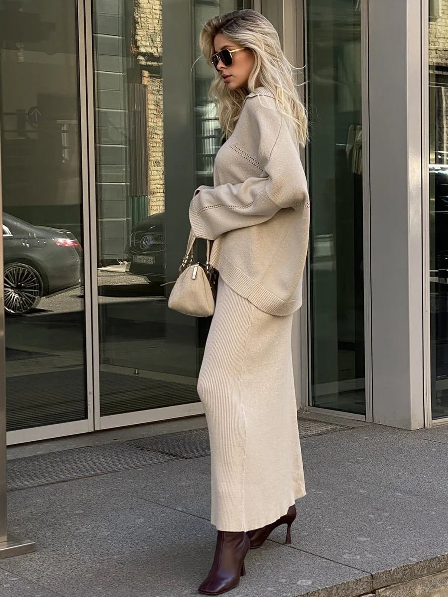 Women's Loose Sweater V-Neck Knit Pullover Top and Long High Waist Skirt 2 Piece Set