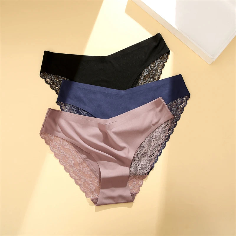 Women's 2Pcs Seamless Stretch Underwear Lace Floral Panties Recycled Materials Breathable Briefs Low Waist Comfort Lingerie