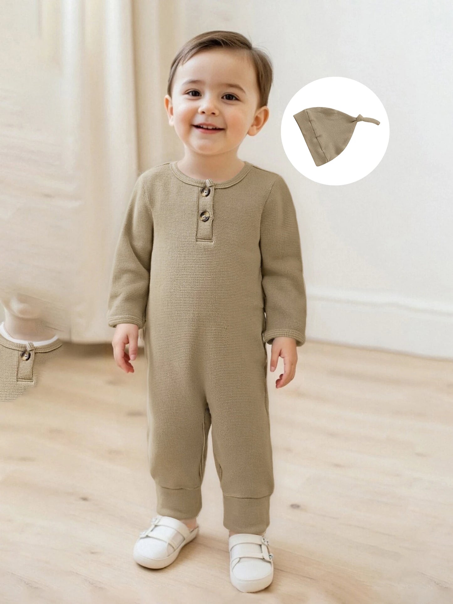 Newborn Baby Fall Winter Romper - Long Sleeve Solid Jumpsuit with Hat (0-6M)
